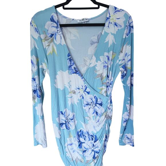 Yumi Kim Blue Floral Wrap Midi Maternity Dress Large Femme Romantic Cottagecore - Picture 5 of 9